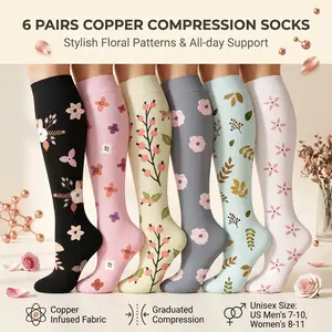 Floral Copper Compression Socks 6-Pack - Compression Stockings for Adults' Running, Gym Workouts, Long Flights Support