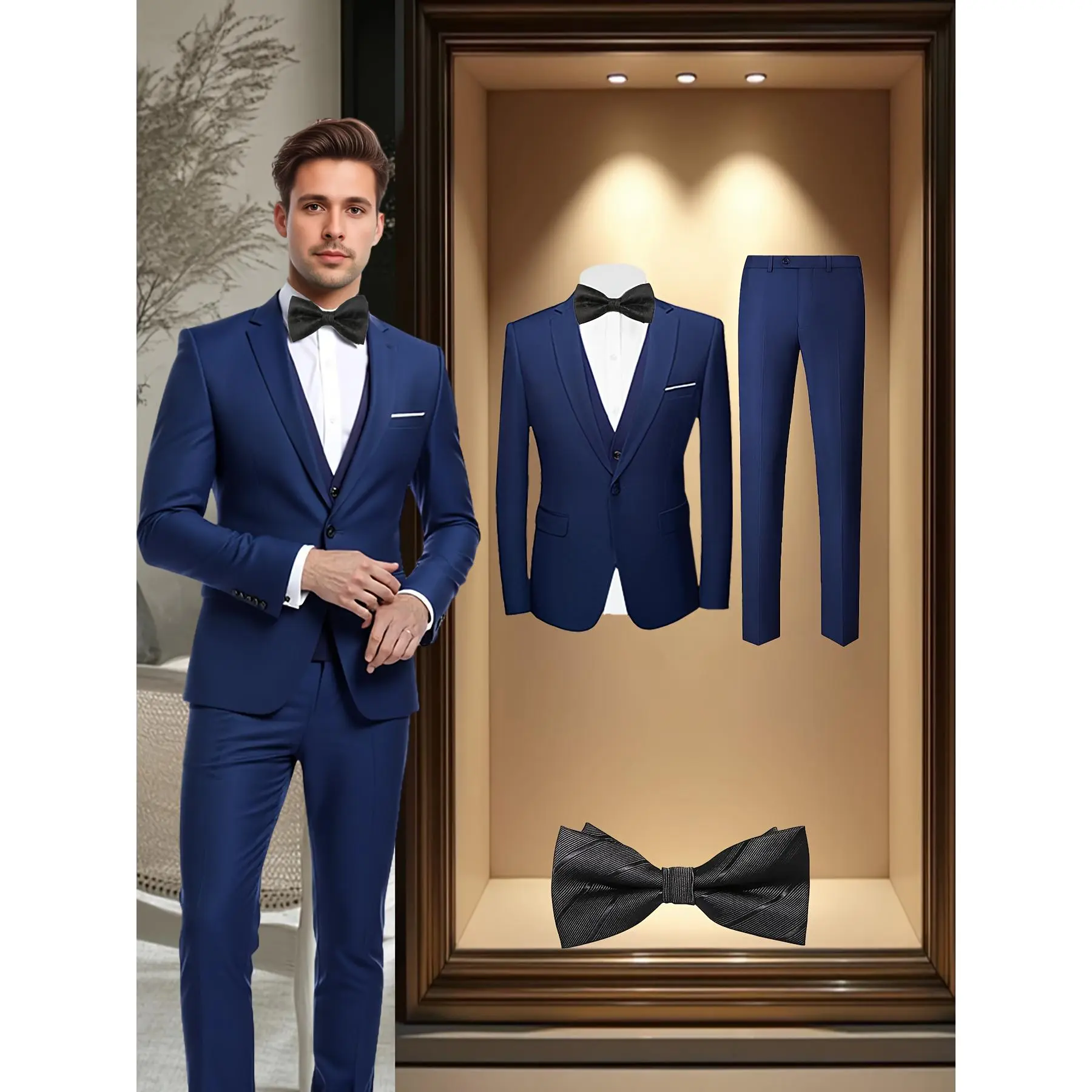 Men’s 4-Piece Tuxedo Suit Set – Blazer, Vest, Pants & Necktie | One-Button Lapel Formal Outfit for Wedding, Business, Party & Banquet