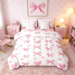 Kawaii Bow Knot 7 Piece Bedding Set,Heart Pattern Comforter Bed Set with Sheets,Coquette Bows Bed Bag,Cute Bowtie Bed Set with 2 Pillowcases