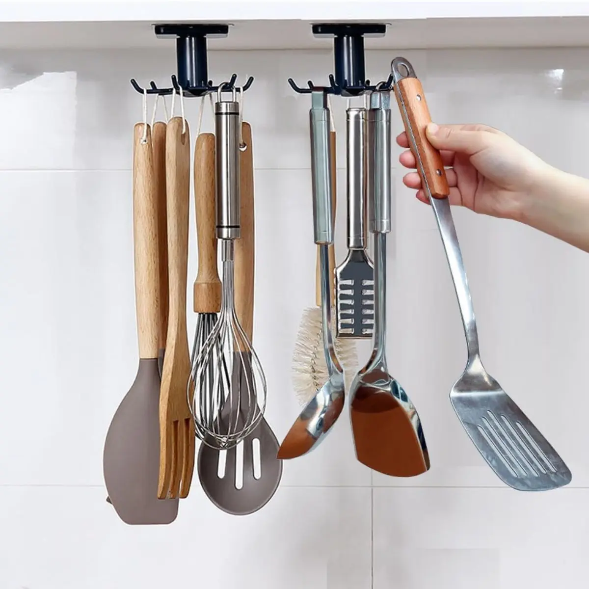 2pcs 360 °Rotation Utility Hooks,Under Cabinet Kitchen Hooks,Storage Shelf rv Must Haves,Nail Free Adhesive Kitchen Utensils Hanging Hooks for Kitchen Utensils/Tools/Towel/Knife(Black)