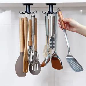 2pcs 360 °Rotation Utility Hooks,Under Cabinet Kitchen Hooks,Storage Shelf rv Must Haves,Nail Free Adhesive Kitchen Utensils Hanging Hooks for Kitchen Utensils/Tools/Towel/Knife(Black)