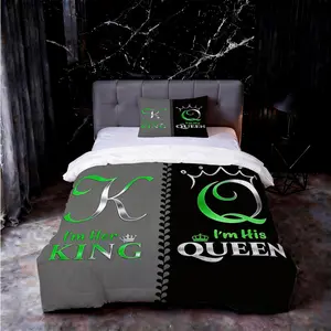 2/3-Piece King & Queen Themed Comforter Set, Couples "I'm Her King & I'm His Queen" Printed Bedding, Soft Microfiber with Stitched Pattern, No Pillow Insert, for Bedroom Decoration, Comfy Bedding Set