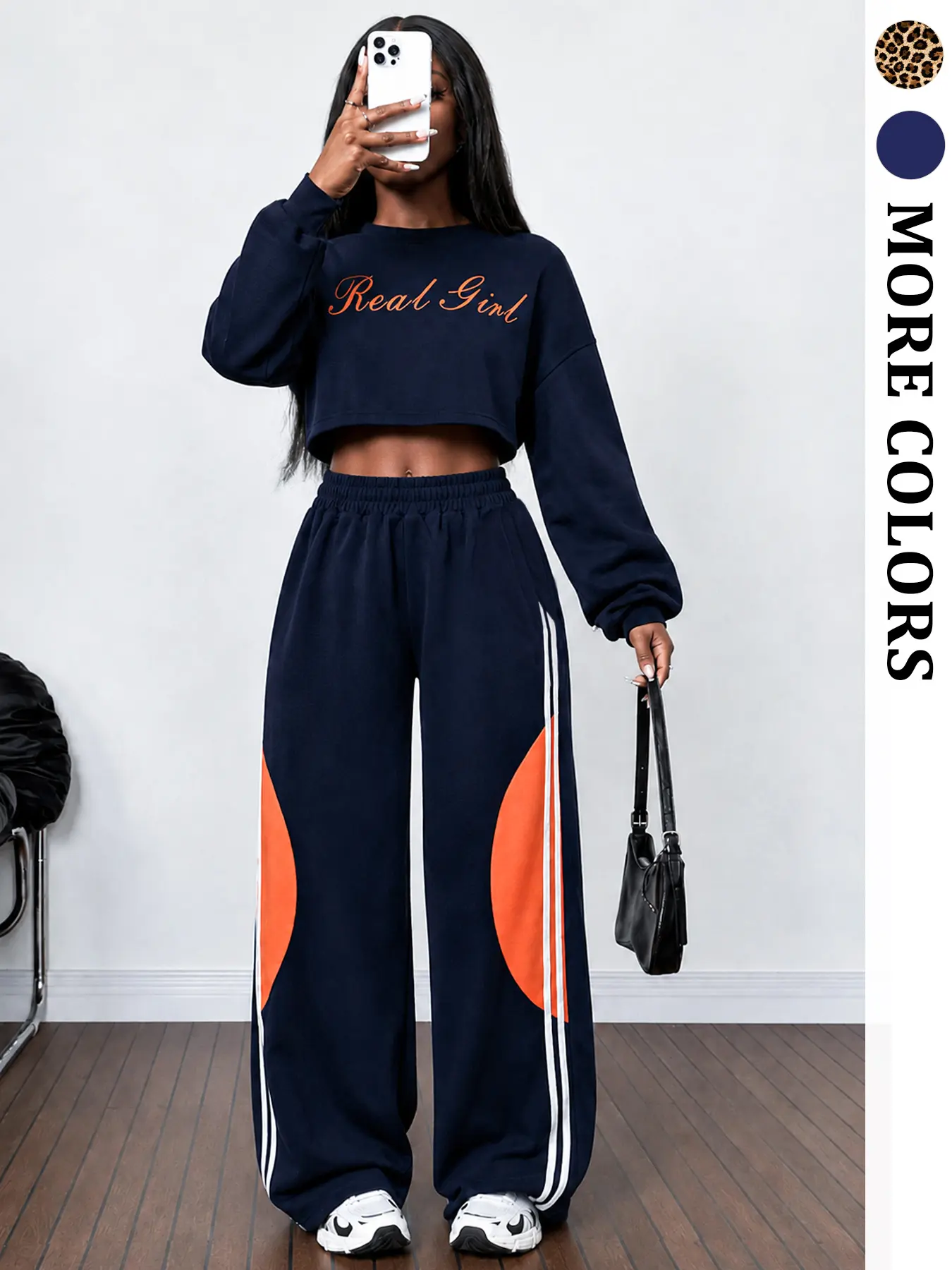 Women Cropped Sweatshirt 2 Piece Tracksuit, Letter Print Long Sleeve Top & Color Block Side Stripe Wide Leg Jogger Pants with Pockets, for Streetwear Daily Sport Travel Outfit