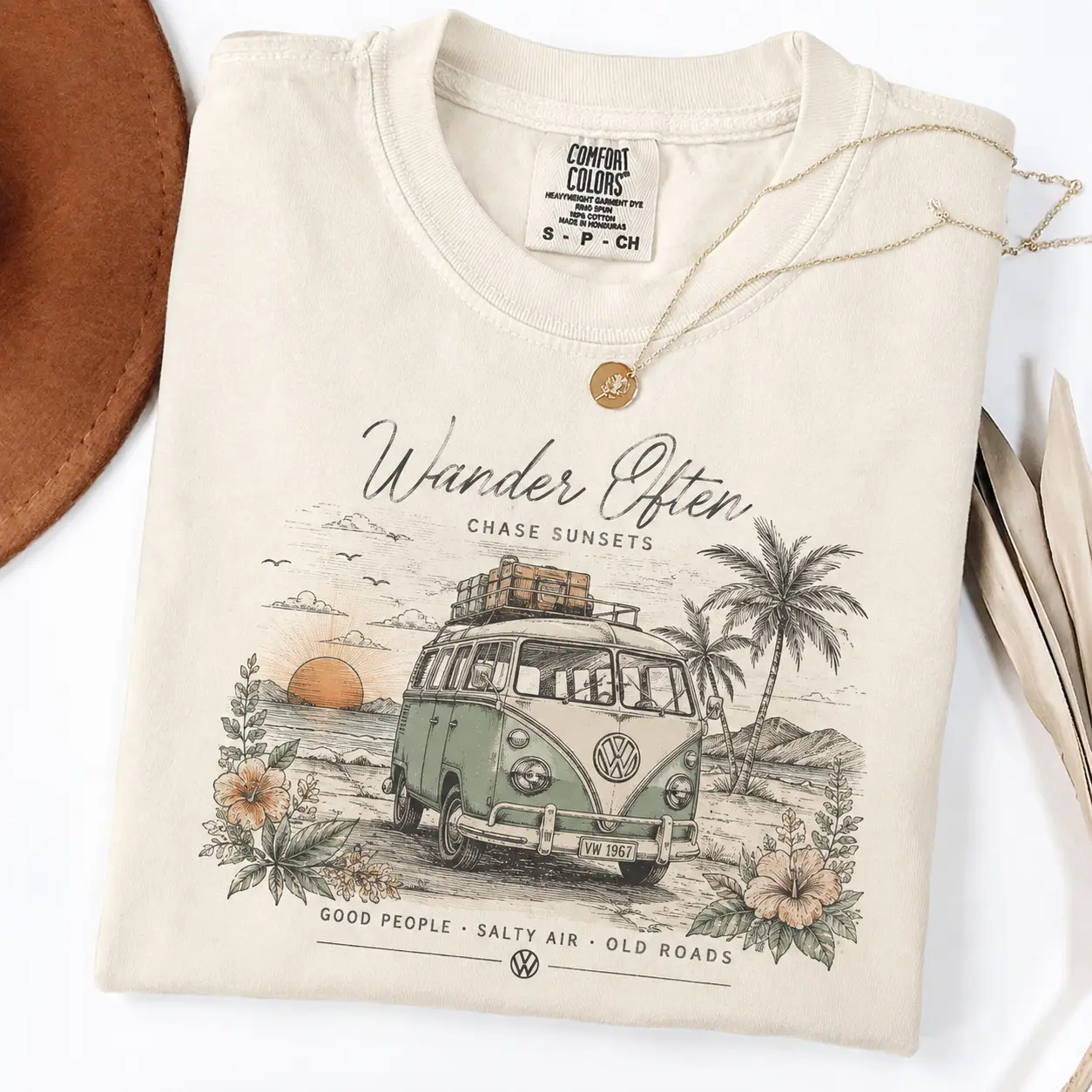 Volkswagen Comfort Colors T Shirt, Vintage VW Bus Graphic Tee, Wander Often Chase Sunsets Shirt, Retro Coastal Road Trip Travel Gift for Men and Women
