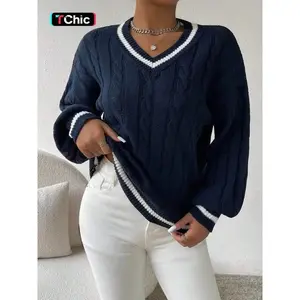 Women's Contrast Binding Drop Shoulder Sweater, Casual V Neck Cable Knit Jumper for Fall & Winter, Fashion Women's Knitwear for Daily Wear, Tops