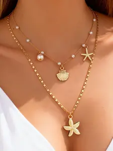 Boho Starfish Shell Pendant Necklace Set, Ocean Series Faux Pearl Choker, Women's Gift Jewelry, Holiday Style, 2 Pieces