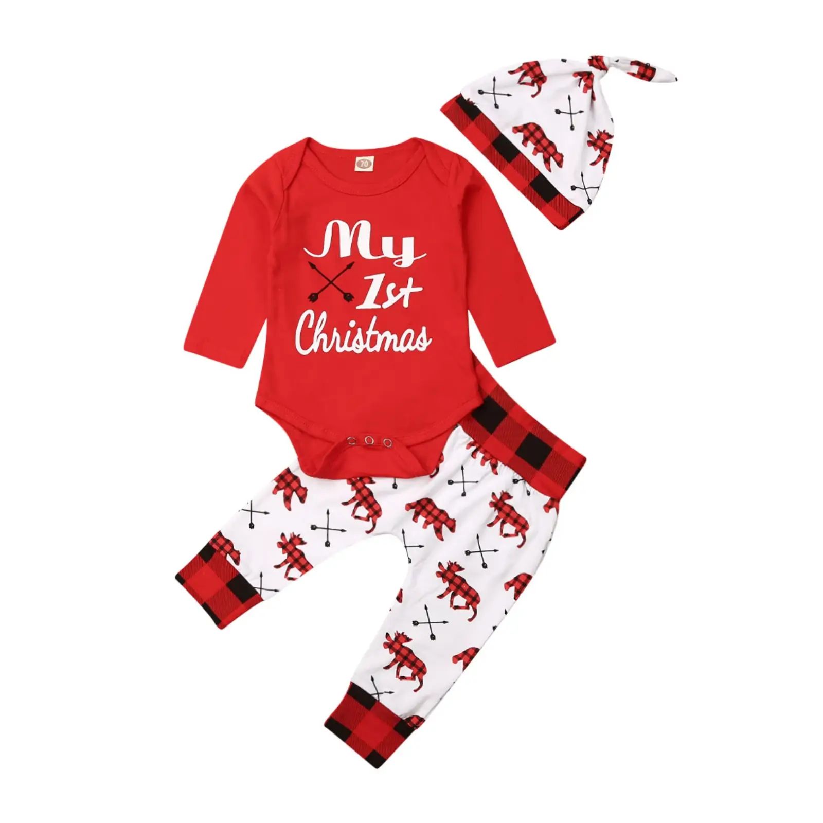 Newborn Baby Boys Christmas Outfits 3Pcs Set My 1st Christmas Romper Bodysuit Plaid Cow Print Long Pants Hat for 0-18 Months Toddlers