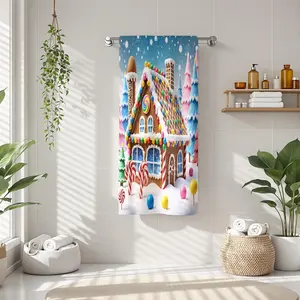 1Pc Christmas Style Gingerbread House with Candies Bathroom Hand Towel Bath Towel, Multiple Size Microfiber Towel, Ultra-Soft Quick Dry and Absorbent Polyester Large Bath Towel, Unique Home Decorative Kitchen Towels,