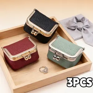 3 Pack Women's Mini Jewelry Box with Kiss Lock Closure - Portable Vintage Fabric Case Suitable for /Rings/Necklaces/Bracelets, Travel-Friendly Mini Ring Box with Snap Lock, Compact Purse for Desk Storage gift mom