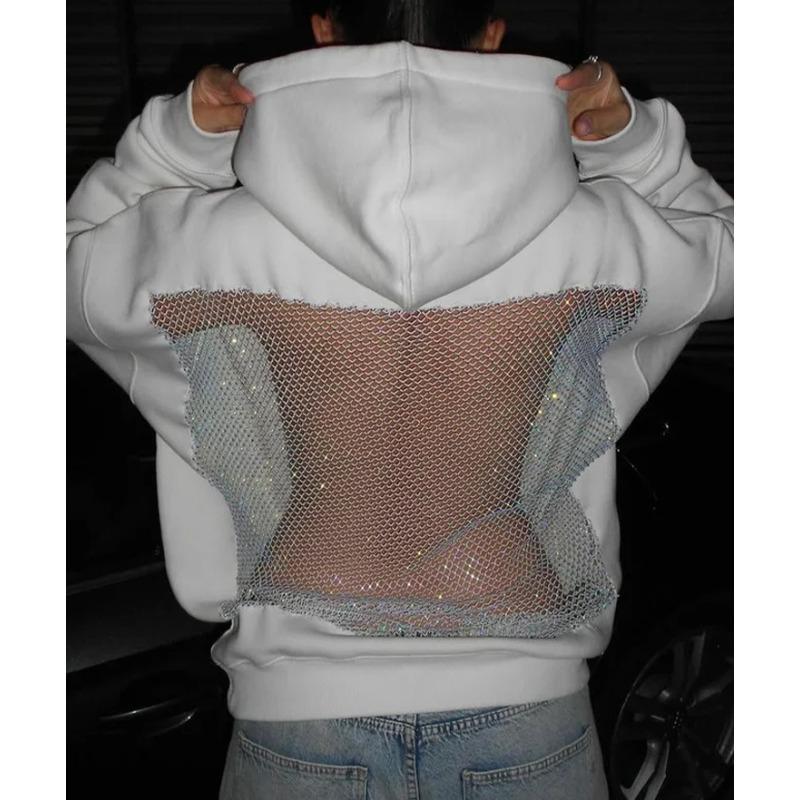 Y2K American Gothic Sexy Hollow Mesh Hoodie for Women - 2026 Translucent Long Sleeve Casual Pullover Sweatshirt