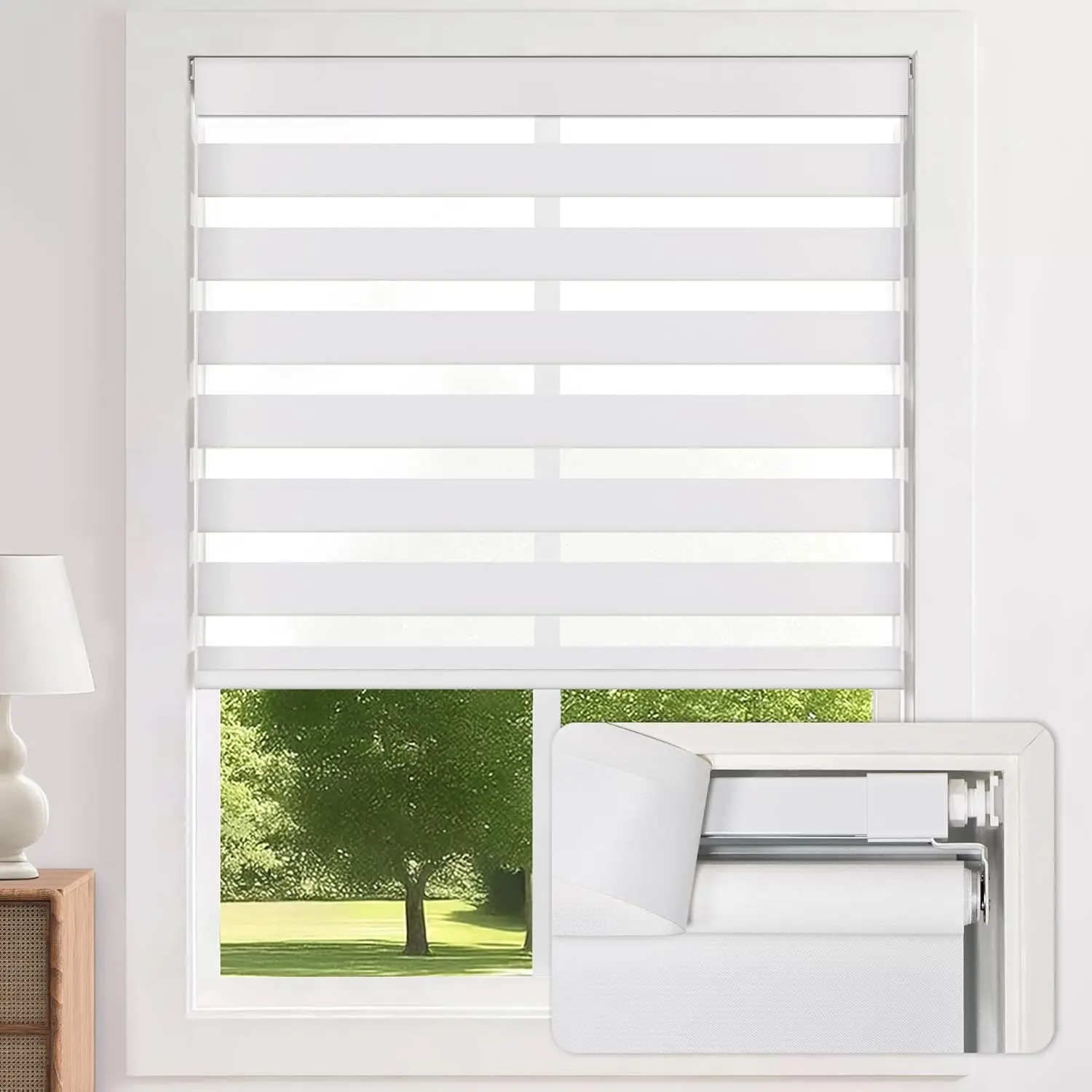 Cordless Zebra Blinds for Windows - Dual Layer Light Filtering & Blackout Roller Shades, Free-Lift System, No Drill Easy Install, Day & Night Privacy with Valance, 19" W X 64" H, White