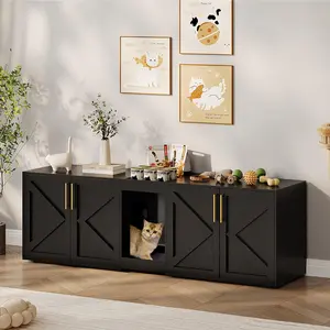 Garvee Double Cat Litter Box Enclosure, Hidden cat Litter Box Furniture with Doors and Pads, Wooden Kitty Litter Box Cabinet Furniture (Black, 2 Room)