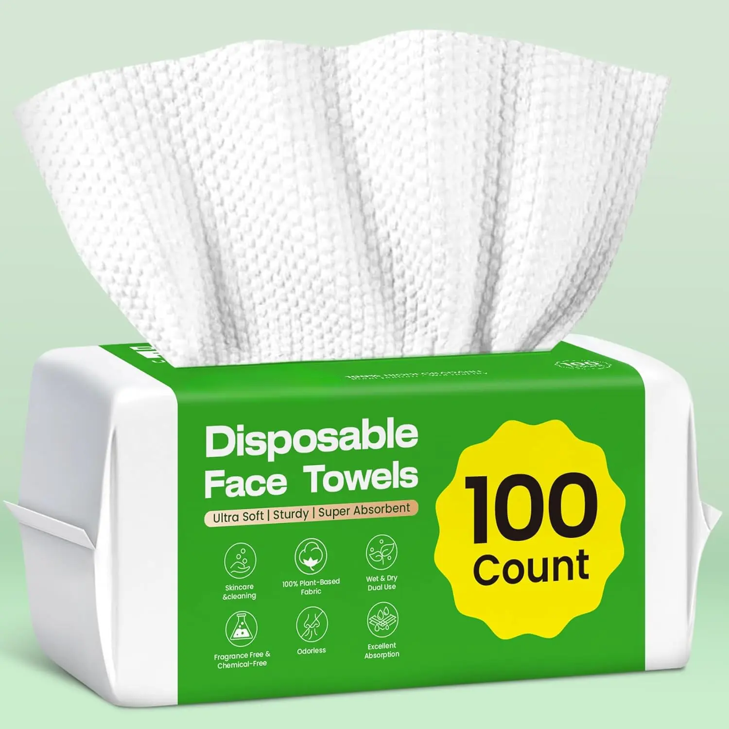 100-Count (Pack of 1) Disposable Eco-Friendly Plant-Based Vegan Facial Towels - Thick Fabric, Compact, Comfortable, Lint-Free, Chemical-Free, Skin-Friendly Scented Unisex Cleansing Wipes for Sensitive Skin, Bathroom/Travel Use
