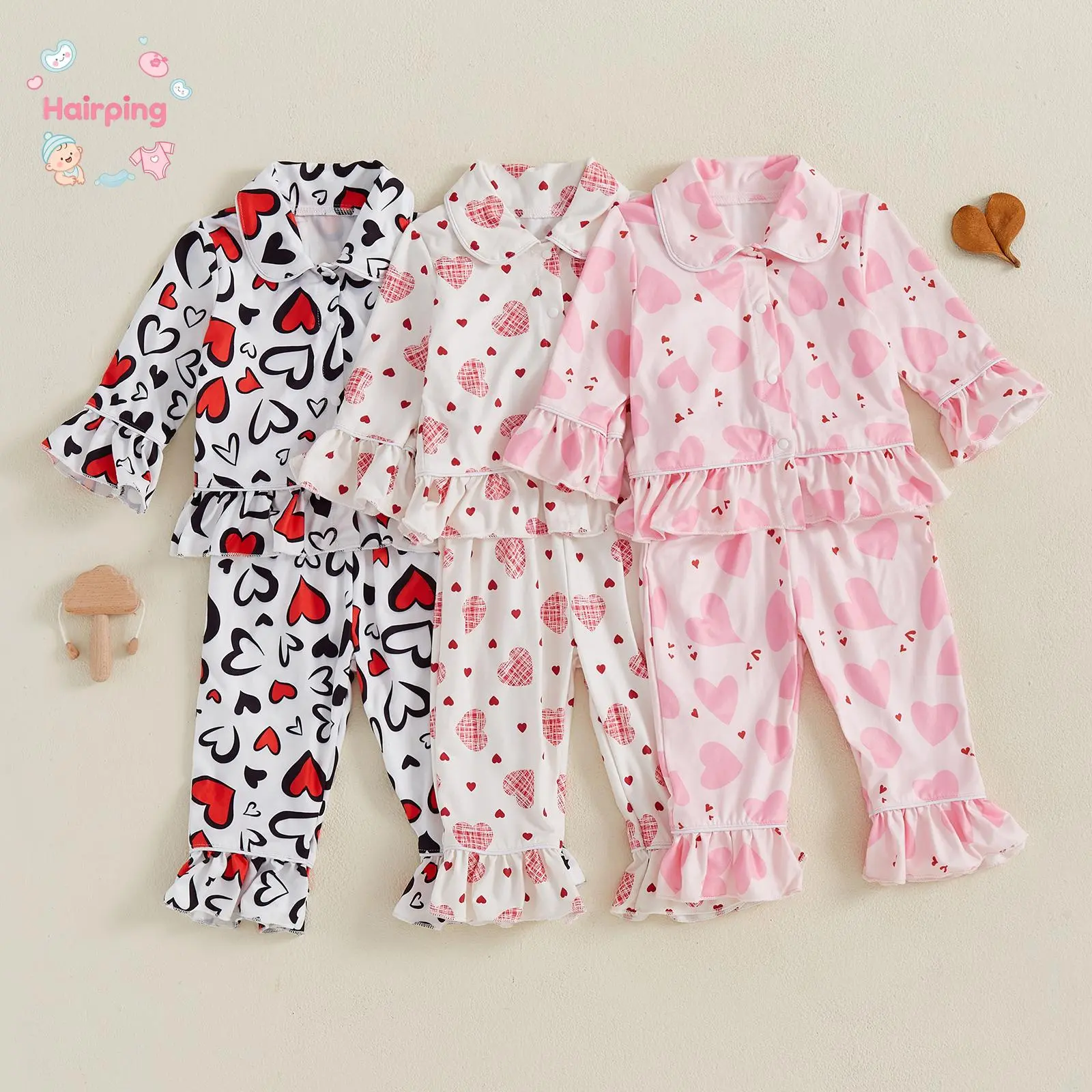 Toddler Girl Pajama Set - 2-Piece Long Sleeve Heart Print PJs with Ruffled Cuffs, Soft Comfortable Sleepwear for Kids Toddlers (6M-5T) Cute Nightwear