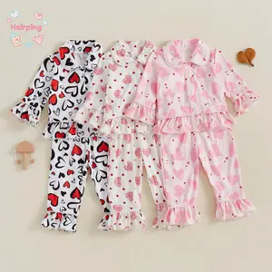 Toddler Girl Pajama Set - 2-Piece Long Sleeve Heart Print PJs with Ruffled Cuffs, Soft Comfortable Sleepwear for Kids Toddlers (6M-5T) Cute Nightwear