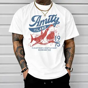 Jaws Amity Island 1975 Unisex Tee,Vintage Shark Graphic Tee – Retro Beach Surf Cotton Shirt for Men Y2K Streetwear funny father day funny shirt guy