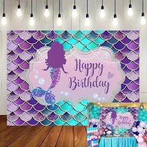 Mermaid Birthday Backdrop Tapestry Wall Hanging Photography Background Under The Sea Ocean Party Banner for Birthday Baby Shower Celebration Decor Polyester Fabric