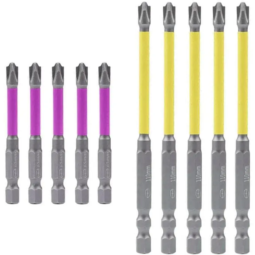 10 count  PH2 Special Slotted Phillips  Bit Set for Electricians, Long #2 Phillips Cross Slot Flat Screw  Driver Drill Bits with 1/4 Inch Hex Shank  on Air