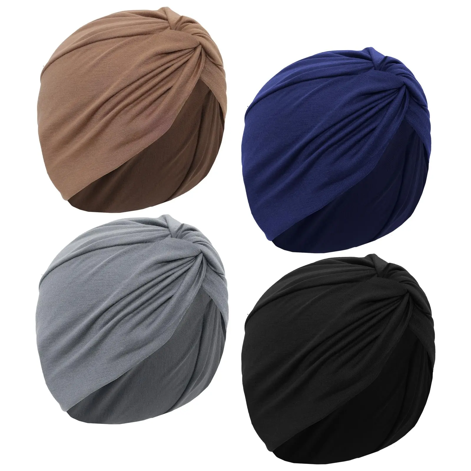 Women's 4-Piece Soft Fabric Turbans, Pre-Tied Knot Pleated African Headwraps, Cancer Support Chemo Wear Head Caps for Festive & Party Gifting