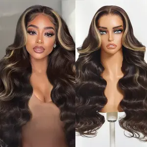 UNice 7x5 Glueless Chocolate Brown Highlight Body Wave Wig with Face Framing Curtain Bangs Pre Cut HD Lace Closure Human Hair Wigs with Bleached Knots Friendly for Beginner