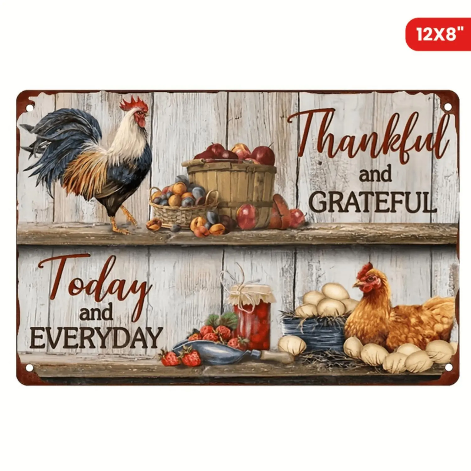 Vintage Metal Wall Art Sign - 12x8" Chicken Farm & Fruit Design, Thanksgiving & Gratitude Theme for Home Decor