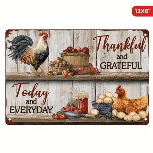 Vintage Metal Wall Art Sign - 12x8" Chicken Farm & Fruit Design, Thanksgiving & Gratitude Theme for Home Decor