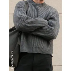 Warm Autumn/Winter Loose Relaxed Jacquard Knitted Sweater Unisex High Street Casual European & Asian Style Minimalist Drop Shoulder Round Neck Pullover Long Sleeve Fabric long sleeve fashion