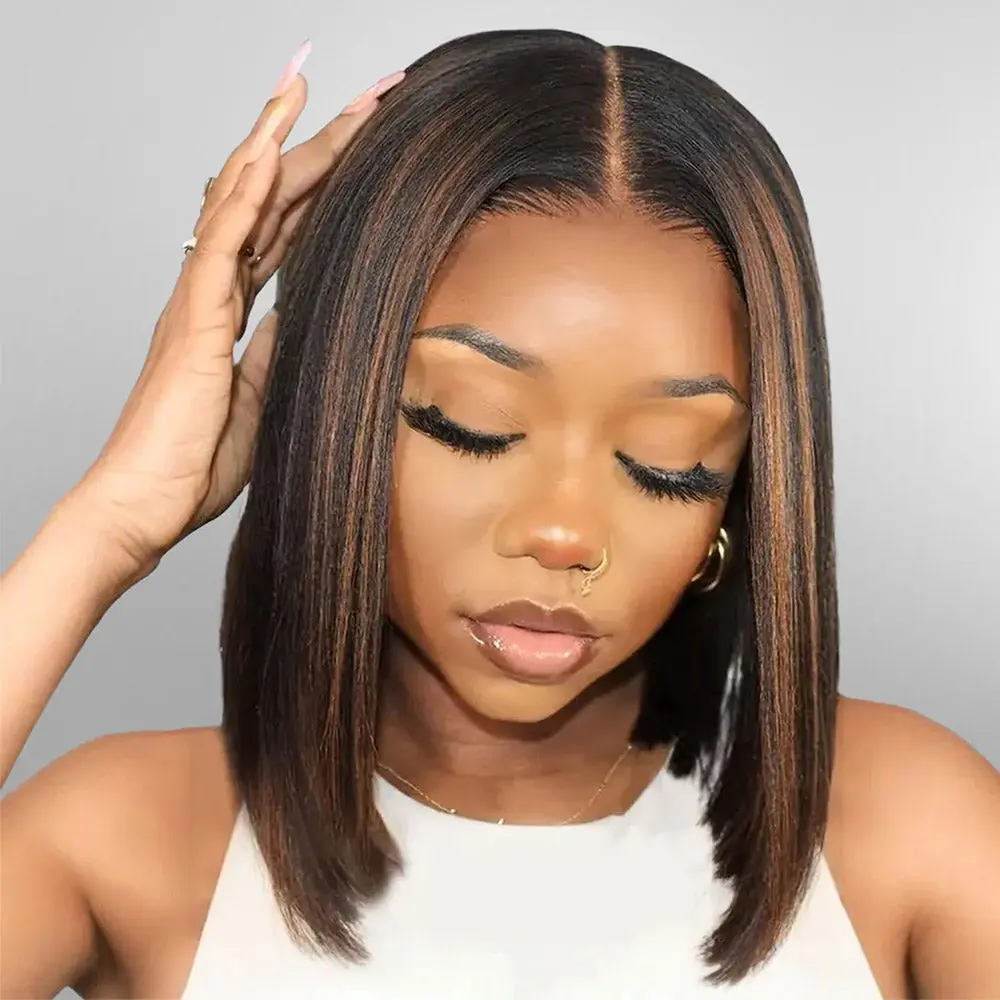 Megalook Frontlace Glueless Bob Wig, Short Straight 6x5 Lace Front Human Hair Wig, 1BP30 Highlight, Pre-Cut HD Lace, Natural Hairline, Bleached Knots for Versatile Styling, Frontlace Glueless Wig