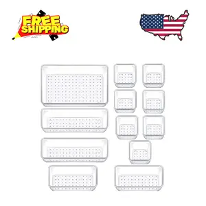 4 Sizes Clear Plastic Drawer Organizers Tray and Storage Bins for Kitchen, Bathroom, Set of 12