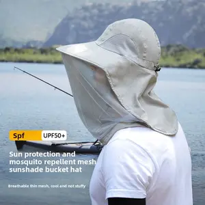 Summer sun protection hat with wide brim covering face and neck, fishing hat for men, sun hat for outdoor use, breathable hiking hat, sun hat for fishermen, men's UV protection mask, outdoor quick-drying folding hat with mesh netting.