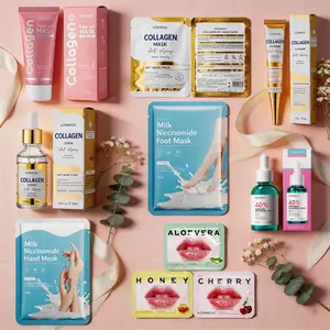 Essential Skincare: Collagen Eye Cream, Hand Mask, Foot Mask, Fruit Mask, Lip Mask, and Multiple Eye Mask Options.