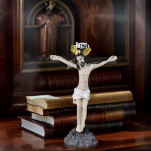 1 pc Jesus crucifix statue ornament, vintage distressed style, religious worship decoration, suitable for prayer and worship settings, church decoration, and home tabletop faith display! Religious Supplies
