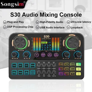 Songsim-S30 voice mixer with voice changer, volume knob, 48V phantom power, Bluetooth, RGB lighting, suitable for live streaming, gaming, PC, mobile phones, voice-over, recording, and content creation.