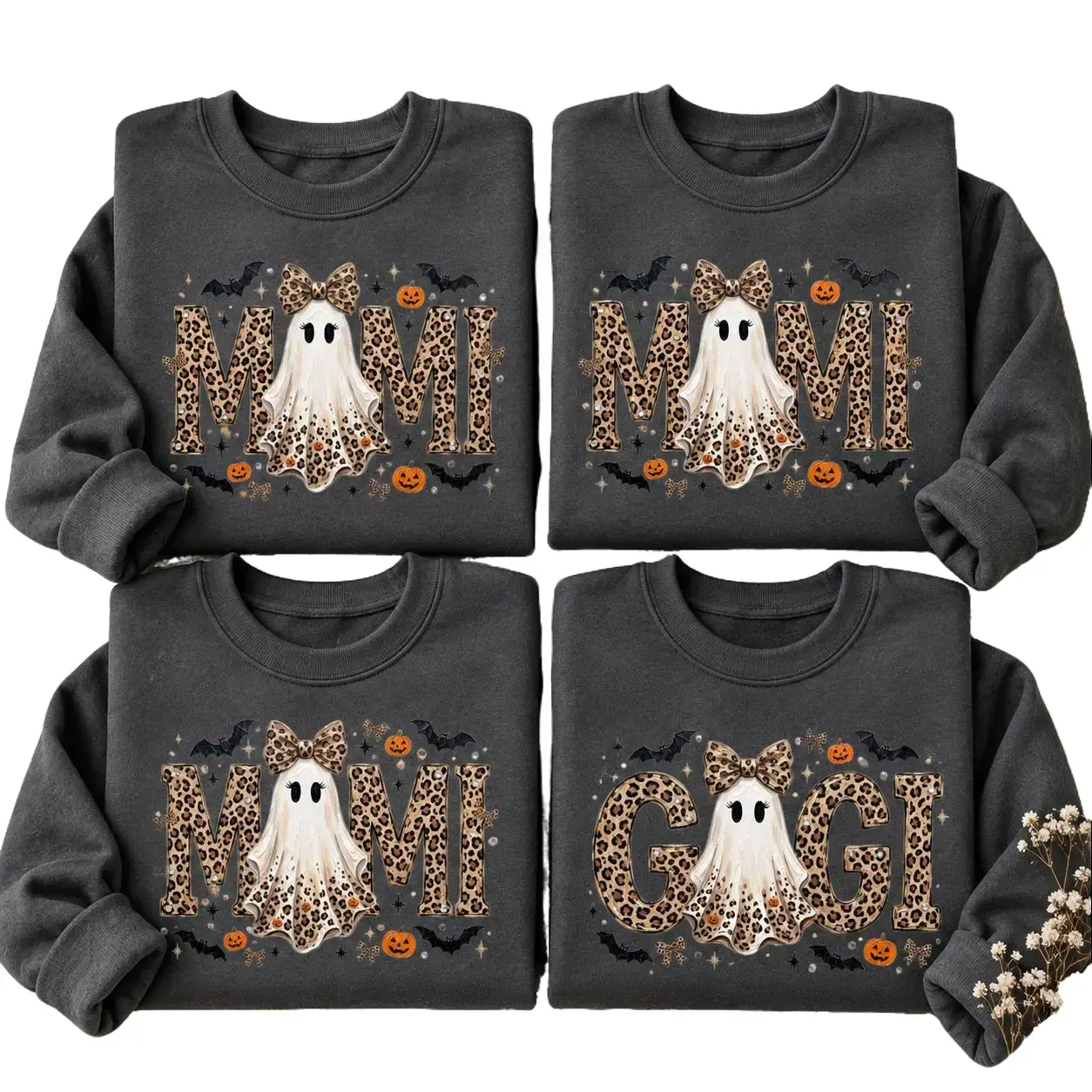 Custom Mimi Gigi Halloween Sweatshirt, Leopard Ghost Pumpkin Crewneck, Spooky Family Shirt for Women, Personalized Grandma Mom Fall Gift, Cute Bow Halloween Sweatshirt, Autumn Ghost Top -DarkFlex