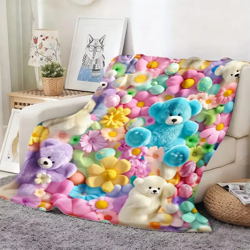 Soft Flannel Teddy Bear Blanket – Colorful Plush Flowers Throw for Bed, Sofa, Travel, Nap, Kids & Home Decor