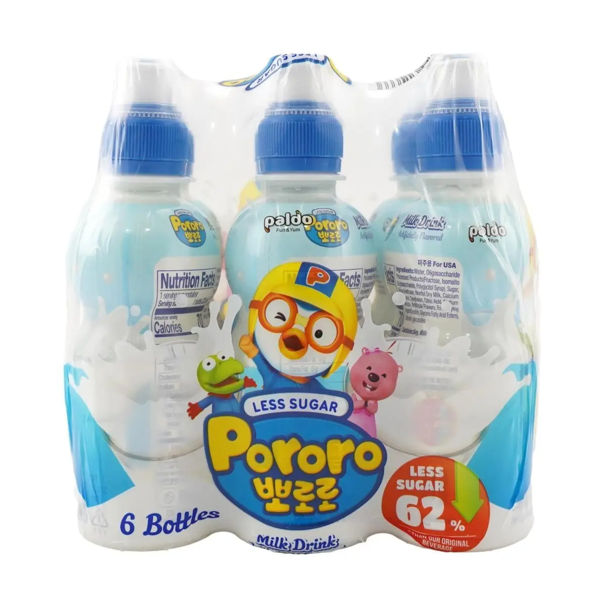 PALDO Pororo Kids Drink Milk Flavor Low Sugar Juice Beverage 235ml x 6 Bottles - Fun Character Drink for Children