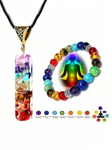 Seven Chakra Energy Crystal Beaded Bracelet Necklace Set, Rainbow Crystal Pendant Yoga Meditation Necklace, Spiritual Gift, Unisex