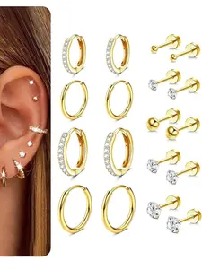18k Gold Plated Earrings Set, European Style Fashion Studs, Zirconia Paved Soft Ear Rings, Hypoallergenic, Unisex, Daily Wear