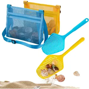 P-TBT095  Beach Mesh Shovel with Beach Mesh Bag Beach Shell Bags for Holding Beach Shell, Toys Kids Filter Sand Scooper for Picking Up Shells Shark Tooth Sifter Dipper Beach Toys Accessories