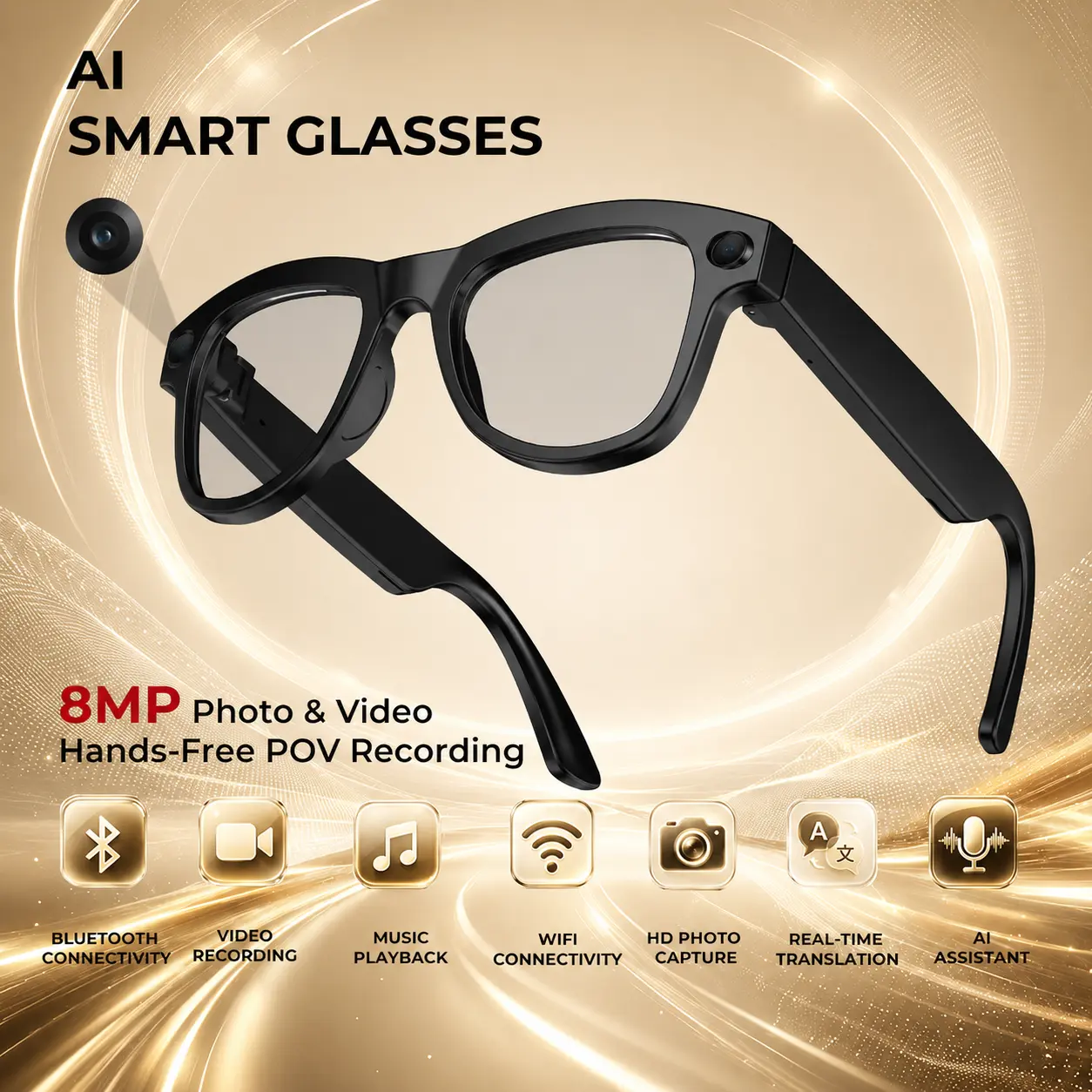Wearable Digital Camera Smart Glasses - 8MP Photo Video + Translation Version, Square, Bluetooth Calling, Open-Ear Audio, Hands-Free Recording, Green Lens, Anti-Shake Dual Stabilization, WiFi, Charging Cable for Travel & Daily Use