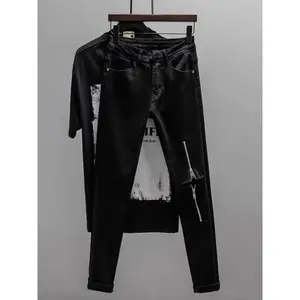 Trendy Zipper Ripped Denim Jeans Men's Bla Elastic American High Street Casual Slim Fit Long Pants Youth Wear Cotton Stretch