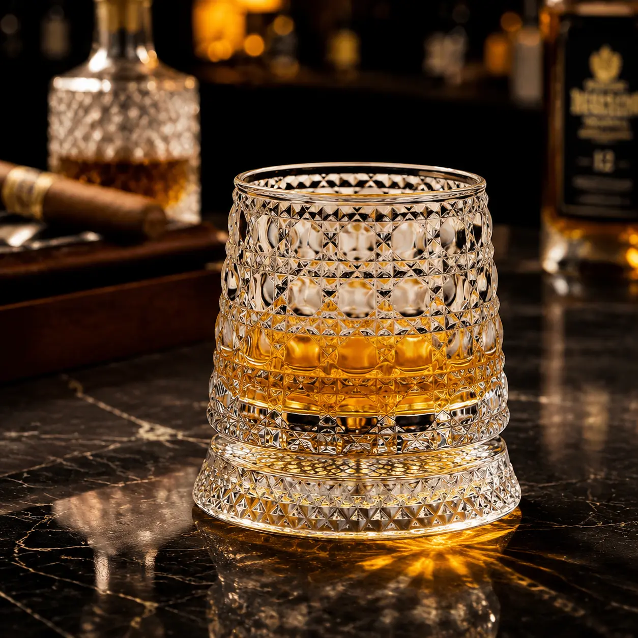 360° Rotating Whiskey Glass Unique Gift for Men Dad (Gemstone pattern) | Degree Spinning Crystal Tumbler for Stress Relief, Heavy Base Kinetic Old Fashioned Glass for Scotch Bourbon