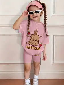 Korean Sweet Style Kids Clothing Milk Tea Pig Set Baby Trendy Summer, Casual Asymmetrical Short Sleeve Suit, Natural Waist Shorts