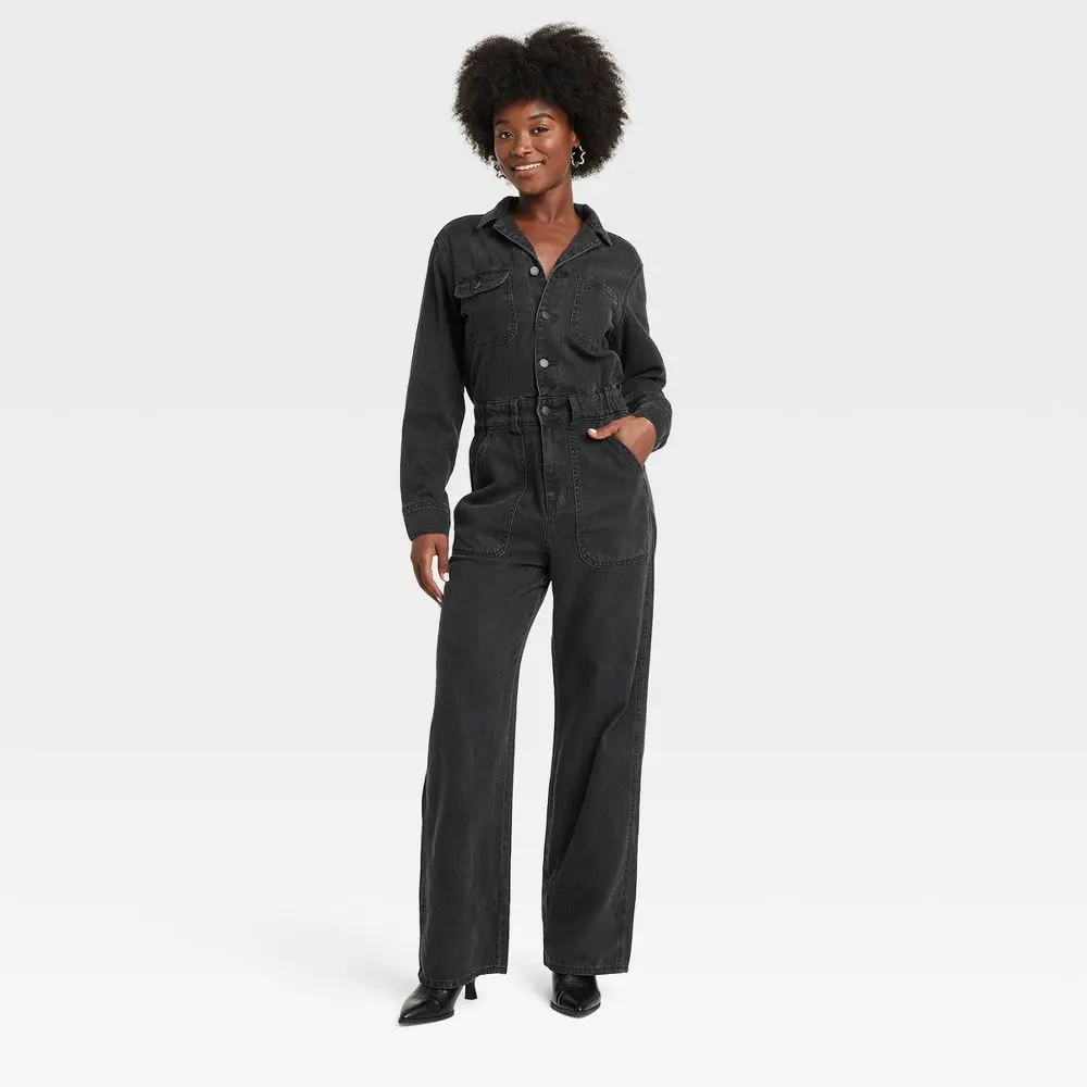 Women's Long Sleeve Utility Baggy Denim Jumpsuit - Universal Thread Black 2