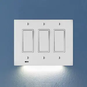Single -  SwitchLight [for Triple-Gang Light Switches] - Light  Wall Plate with Built-in LED Night Lights - Bright/Dim/Off Options - Auto /Off Sensor - (Rocker, White)