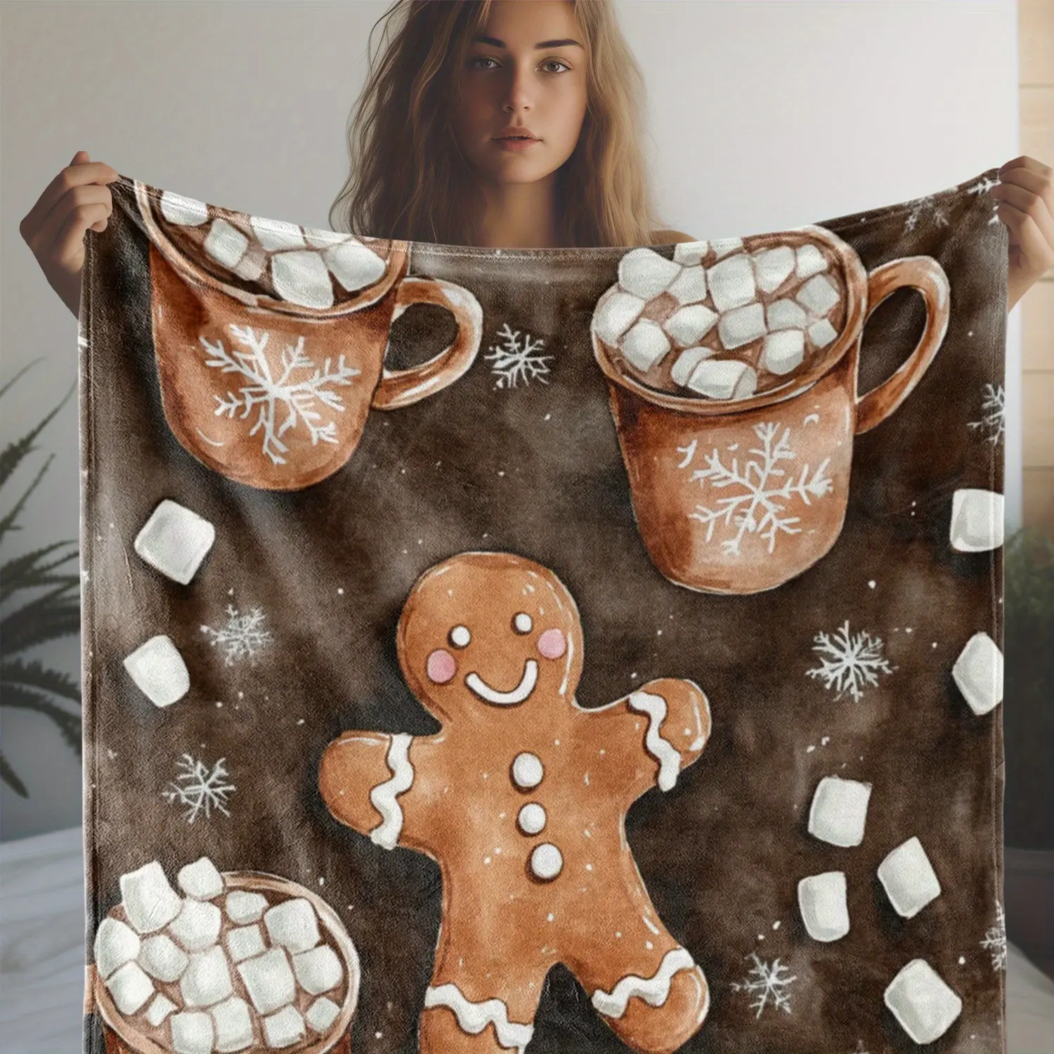Vintage Gingerbread Man and Snowflake Print Flannel Throw Blanket - Soft, Warm, and Comfortable for Sofa, Bed, Car, Office, Camping, Travel - All-Season Multipurpose Knitted Polyester Blanket - Ideal Gift for All Occasions christmas decoration
