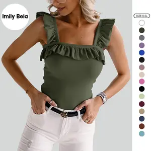 Imily Bela Womens Cute Sleeveless Tank Tops Ruffle Strap Square Neck Blouse Solid Color Knitted Camisole