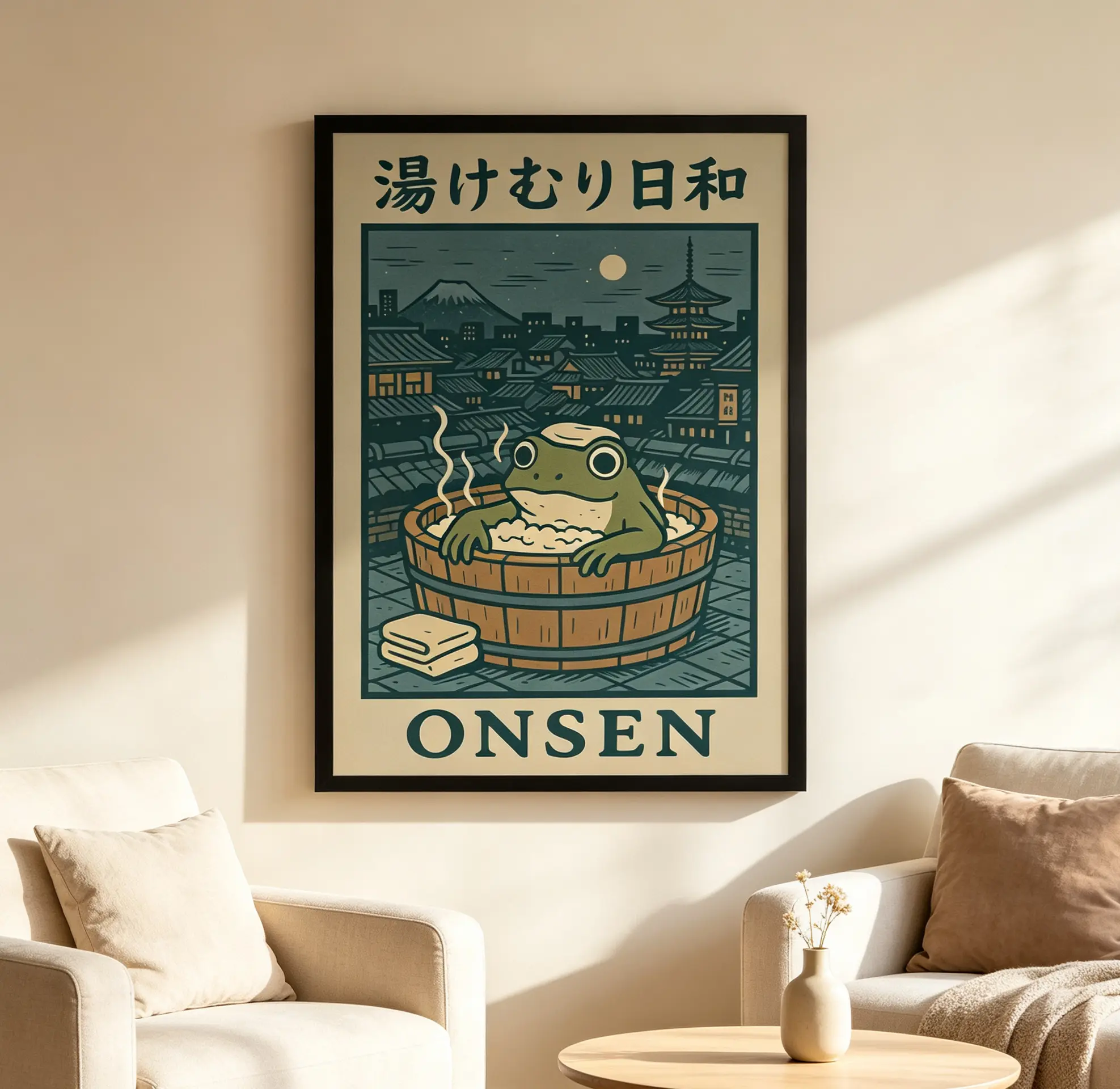 Frog Mural Hot Spring Bath Poster, Mount Fuji Night View Poster, Whimsical Style, Humorous Bathroom Decor Art, Wall Decoration