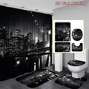 4PCS Night Cityscape Shower Curtain set, Black and White Urban Bridge Bathroom Decor, Accessories with Bath Mat, U-shaped Mat, Toilet Lid Cover, 12 Hooks 180x180cm Curtain, City Lover, Home Decor, bathroom accessories