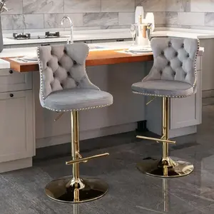 Swivel Bar Stools Set of 2, Counter Height Bar Stools with Button & Nailheads Trim, Gold Velvet Barstools for Kitchen Island, Pub，Black/Grey